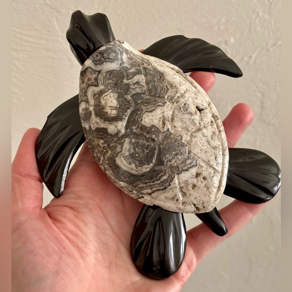 Zebra calcite & black onyx sea turtle - natural crystal stone carving